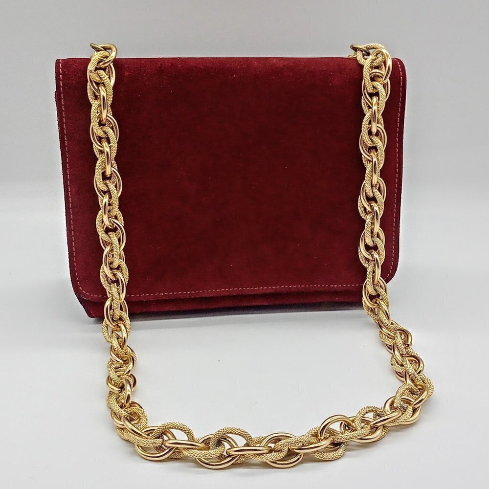 Vintage Kadin Burgundy Red Suede Gold Chain Bag